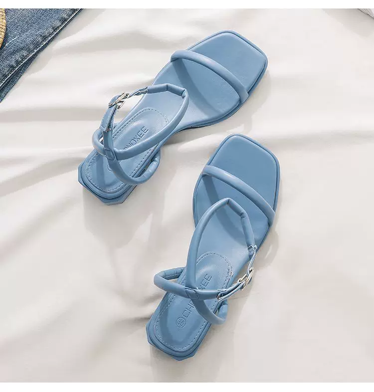 Tweed Style Beach Thick Heel Strap Sandals Women's New Summer Style Retro White Fairy Shoes 8 undefined