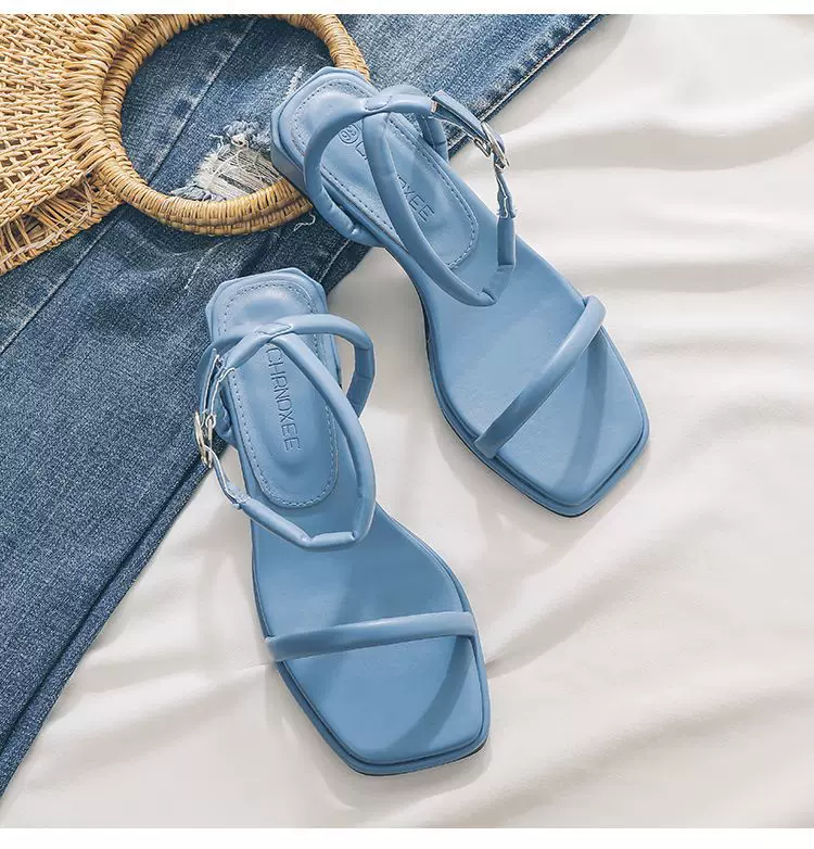 Tweed Style Beach Thick Heel Strap Sandals Women's New Summer Style Retro White Fairy Shoes 6 undefined