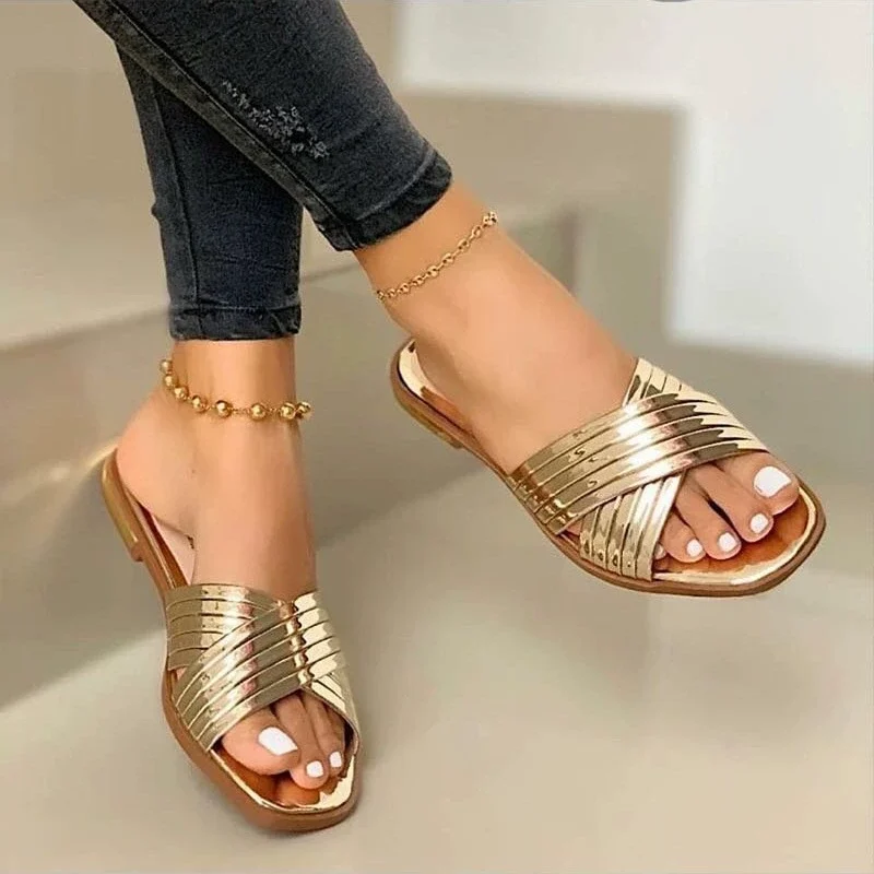 O1CN01eB5pGg1GfHzmYFjH5_3826320649-0-cib.webp New Foreign Trade Plaid Flat Open Toe 40-43 Casual Outdoor Slippers Women's Slipper - Image 1