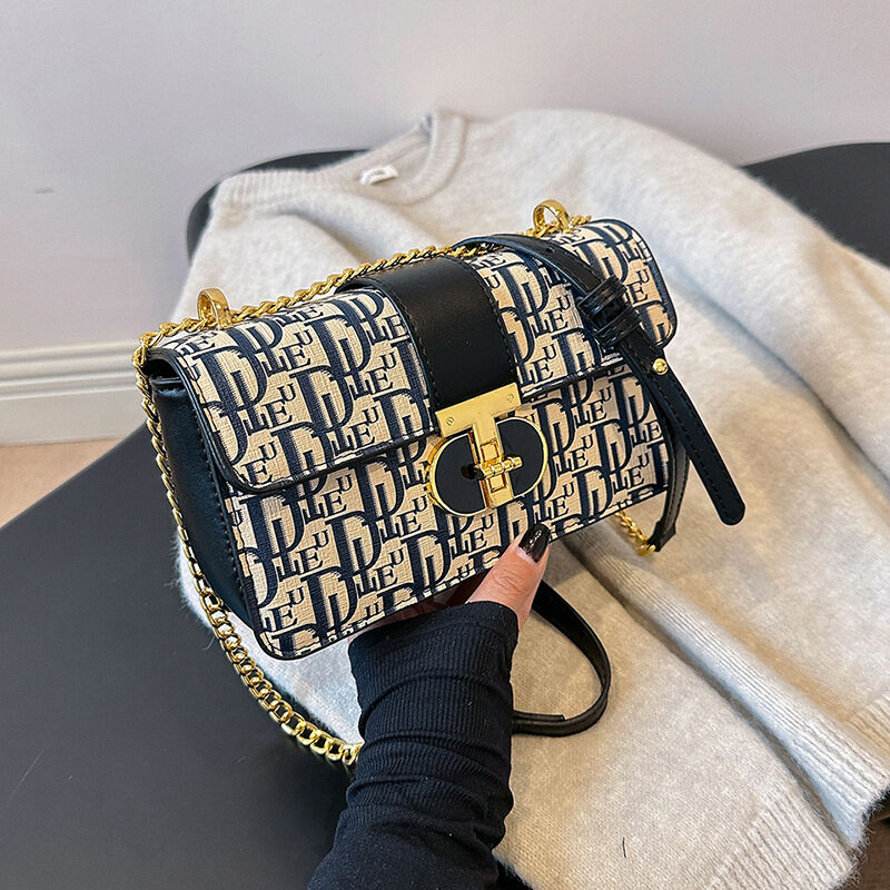 O1CN01WsMWDf1a0nM7cpsYk_2218817593268-0-cib.jpg High-grade Texture Women's Bag New French Printed Chain Crossbody Bag All-match Shoulder Bag Retro Small Square Bag - Image 1