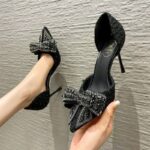 Black High Heels Women's Stiletto Heel Pointed  New Arrival Bow Rhinestone Single Shoes Hollow Sandals - Image 2