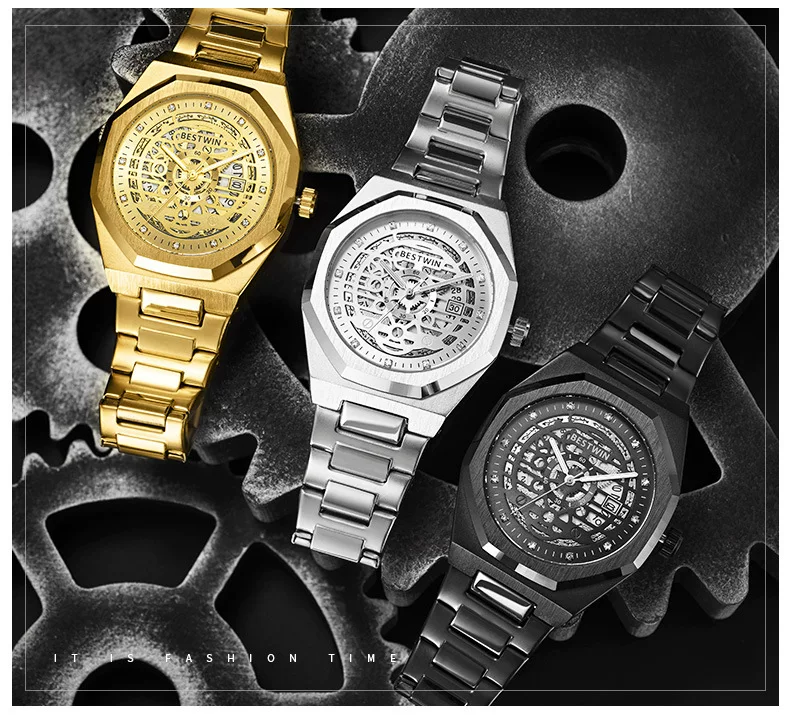 Pointer Bestwin Men's Watch Men's Alloy Cut Out Dial Luminous Mechanical Calendar Waterproof Quartz Men's Watch 5 undefined