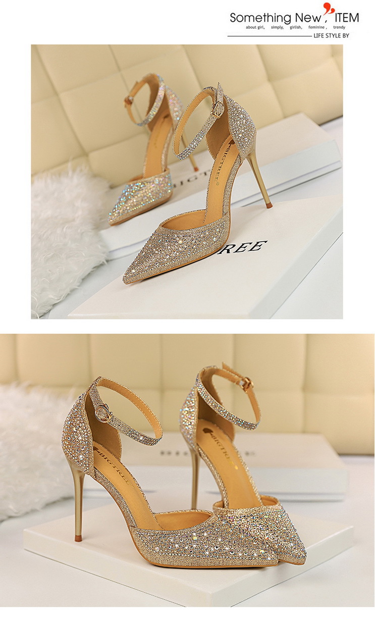 Korean Style Sweet High Heels, Stiletto Heels, Shallow Mouth, Pointed Toes, Cut Out Straps, Shiny Rhinestone Women's Sandals 16 undefined