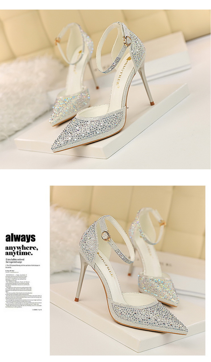 Korean Style Sweet High Heels, Stiletto Heels, Shallow Mouth, Pointed Toes, Cut Out Straps, Shiny Rhinestone Women's Sandals 2 undefined