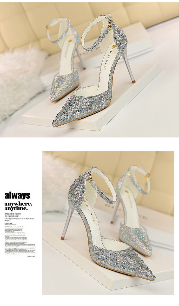 Korean Style Sweet High Heels, Stiletto Heels, Shallow Mouth, Pointed Toes, Cut Out Straps, Shiny Rhinestone Women's Sandals 26 undefined