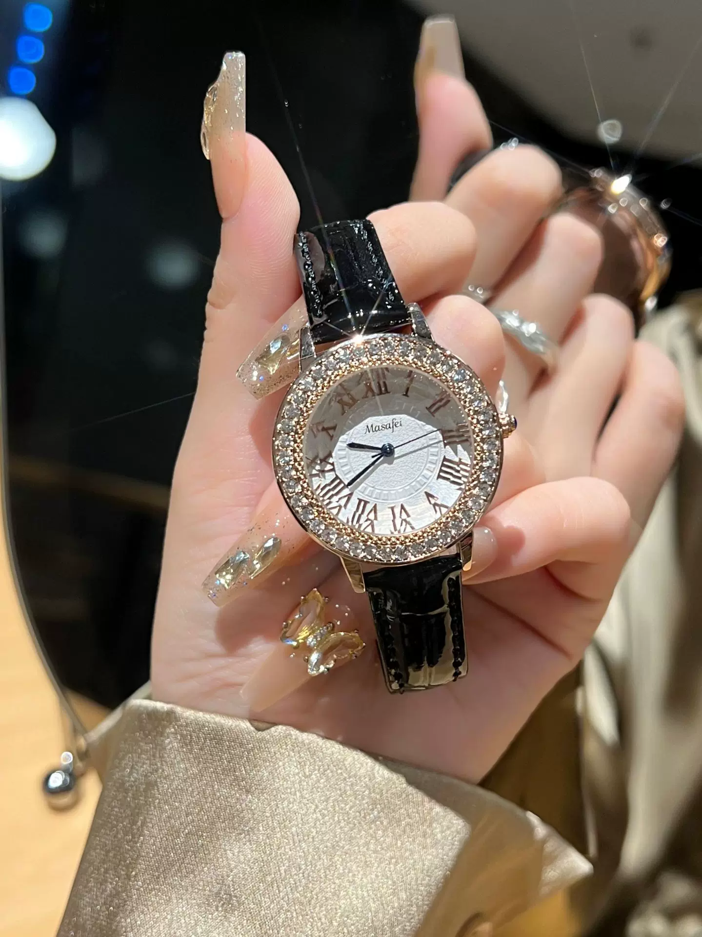 Trendy Brand New Roman Steel Strap Genuine Leather Diamond-Encrusted Women's Watch Quartz Luxury Diamond-Encrusted 4 O1CN01UDPw571riAJEVc8CA 2218159085664 0 cib