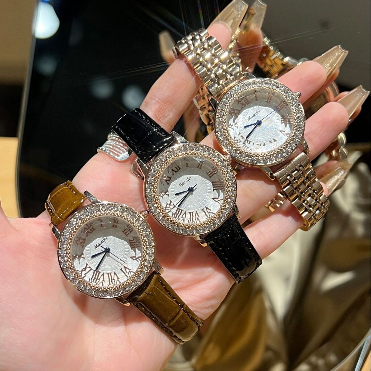 O1CN01n9SVpB1riAJ9iL9LA_2218159085664-0-cib.jpg Trendy Brand New Roman Steel Strap Genuine Leather Diamond-Encrusted Women's Watch Quartz Luxury Diamond-Encrusted - Image 1