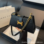Simple underarm bag women's new H buckle spring and summer crossbody solid color small square bag high-grade stone pattern bag
