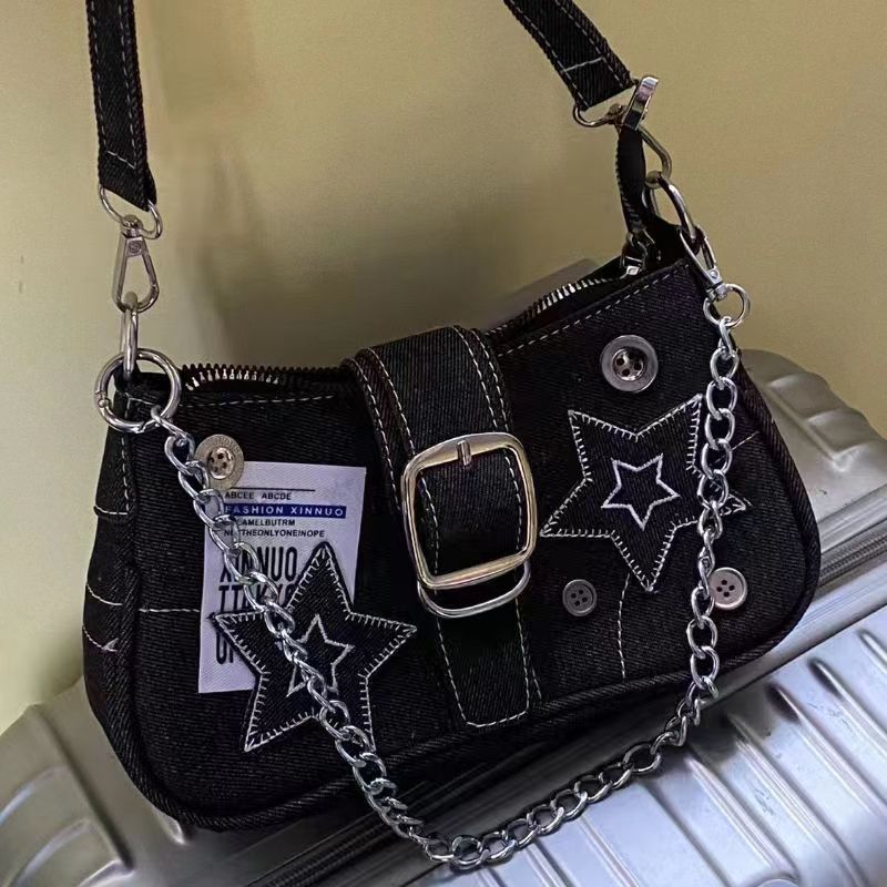 O1CN01INrV3m21Z8bqrtc9N_2200635576998-0-cib.jpg Y2K Millennium Star Denim Underarm Bag Fashion Trendy Niche Design Crescent Bag Canvas Handbag Chain Bag - Image 1