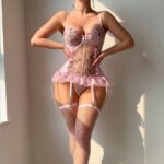 European and American Foreign Trade Supply Sexy Pink See-Through Flower Embroidered Mesh One-Piece Suspender Sexy Underwear - Image 3