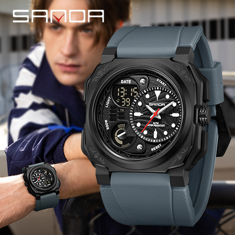 O1CN01y6l1v41NVOt7Y1SM2_2704581575-0-cib.jpg Sanda Brand Watch Dual Time Snooze Multifunctional Men's Watch Luminous Dual Display Square Waterproof Electronic Watch - Image 1
