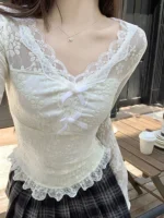 Pure Want apricot Lace V-neck T-shirt Women's Spring Chic Base Shirt with Short Unique Beautiful Small Top - Image 4