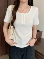 Short-Sleeved T-Shirt for Women, Slim Fit, Summer, Plus Size, Versatile, Stylish, Simple, Niche, Slimming, Casual, Basic Style, Elegant Top - Image 4