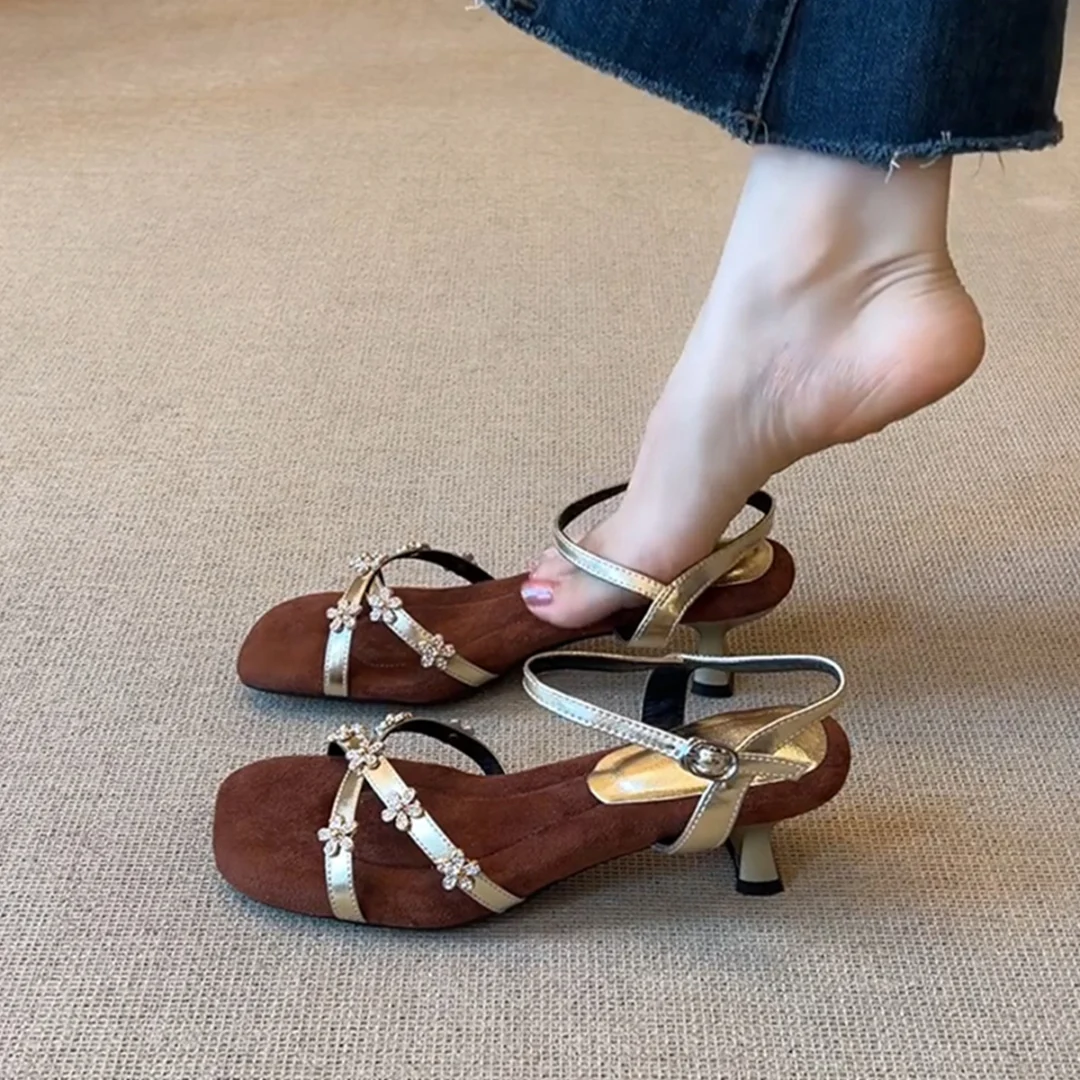 O1CN017pVqlw26ClSgtwpyG_2214107837626-0-cib.webp Soft Leather Version ~ French-Style Rhinestone Flower Square-Toe Soft Leather Sandals for Women, High Heels for Summer - Image 1