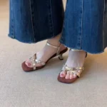 Soft Leather Version ~ French-Style Rhinestone Flower Square-Toe Soft Leather Sandals for Women, High Heels for Summer - Image 4