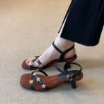 Soft Leather Version ~ French-Style Rhinestone Flower Square-Toe Soft Leather Sandals for Women, High Heels for Summer - Image 2