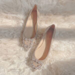 New Style Rhinestone Pearl Pointed Toe Flats Shoes for Female Bridesmaids High and Low Heel Shallow Mouth Crystal Sequin Shoes - Image 2