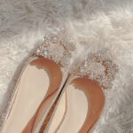 New Style Rhinestone Pearl Pointed Toe Flats Shoes for Female Bridesmaids High and Low Heel Shallow Mouth Crystal Sequin Shoes